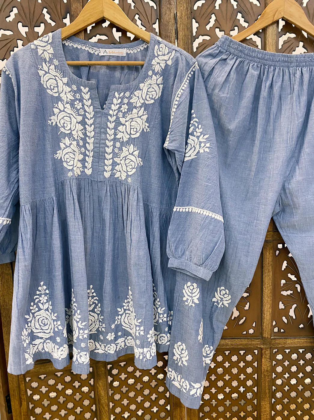Grey Denim Chikankari Short Kurta Set - Image 3