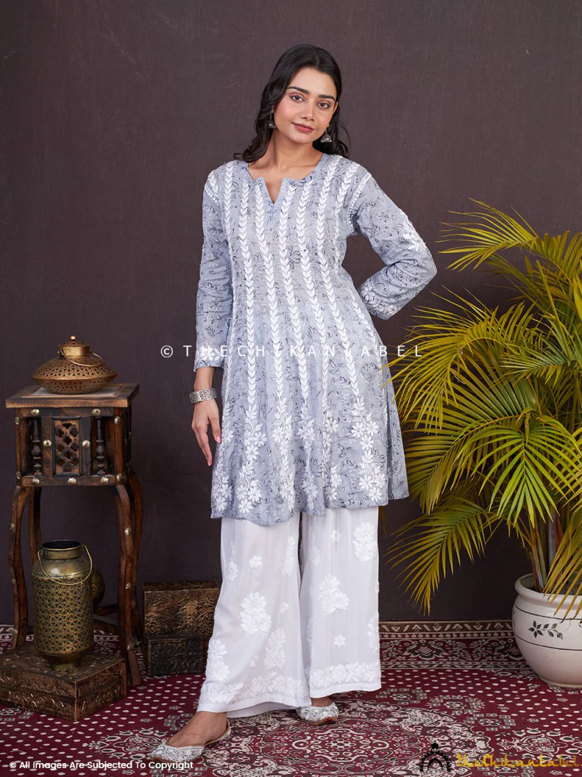 Grey Firosha Mulmul Chikankari Short Anarkali