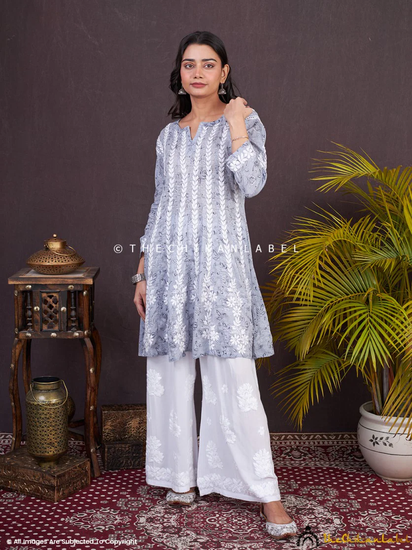 Grey Firosha Mulmul Chikankari Short Anarkali - Image 4