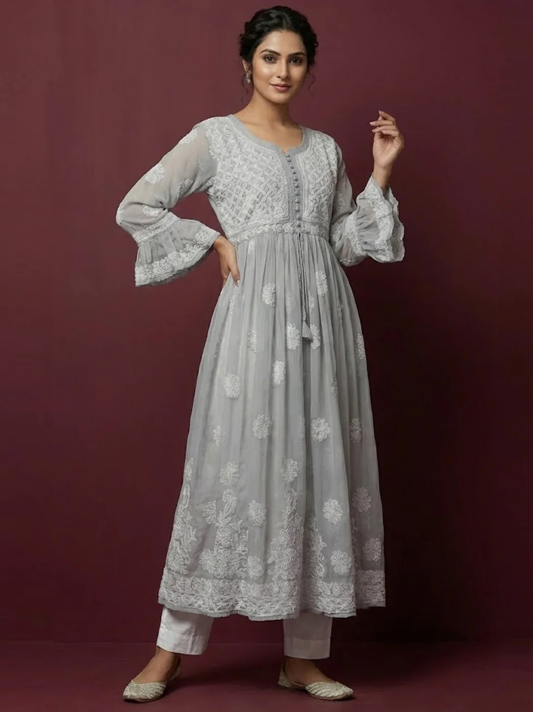 Grey Georgette A-Line Kurti Lucknow Chikankari Kurta