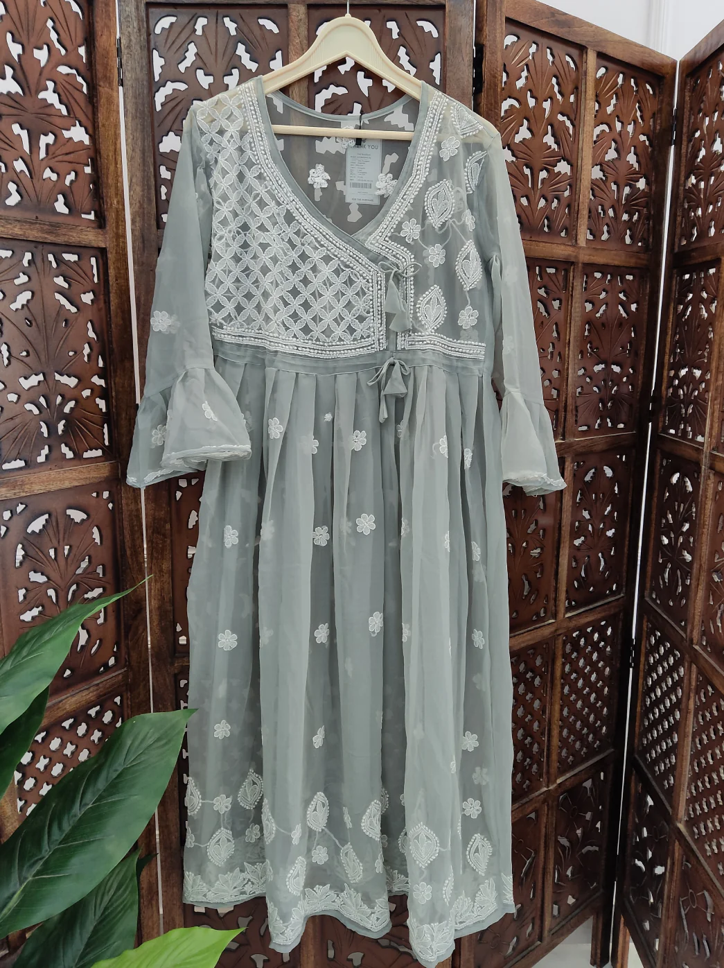 Grey Georgette Chikankari Angarkha Kurti - Image 2