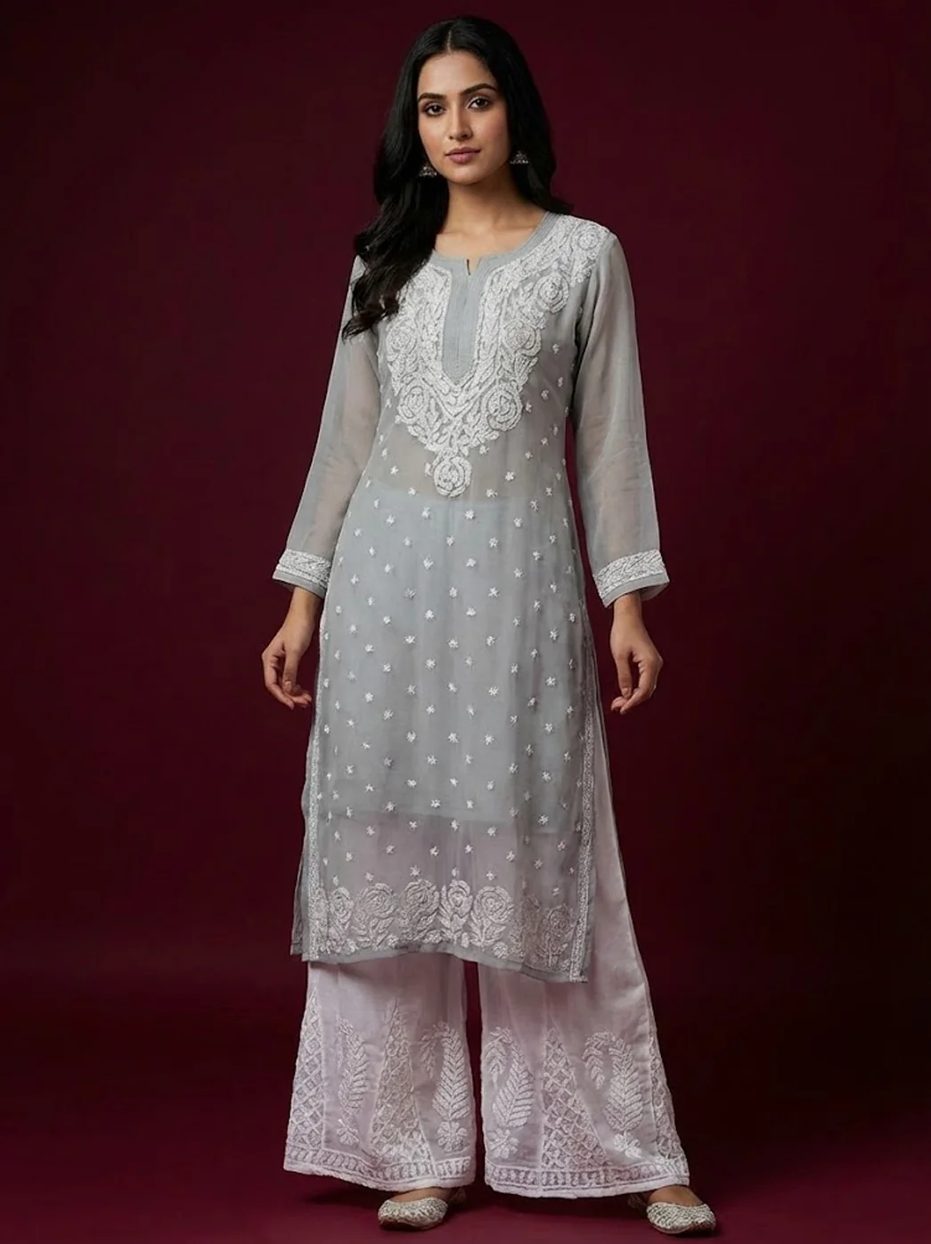 Grey Georgette Chikankari Kurti Sharara Set