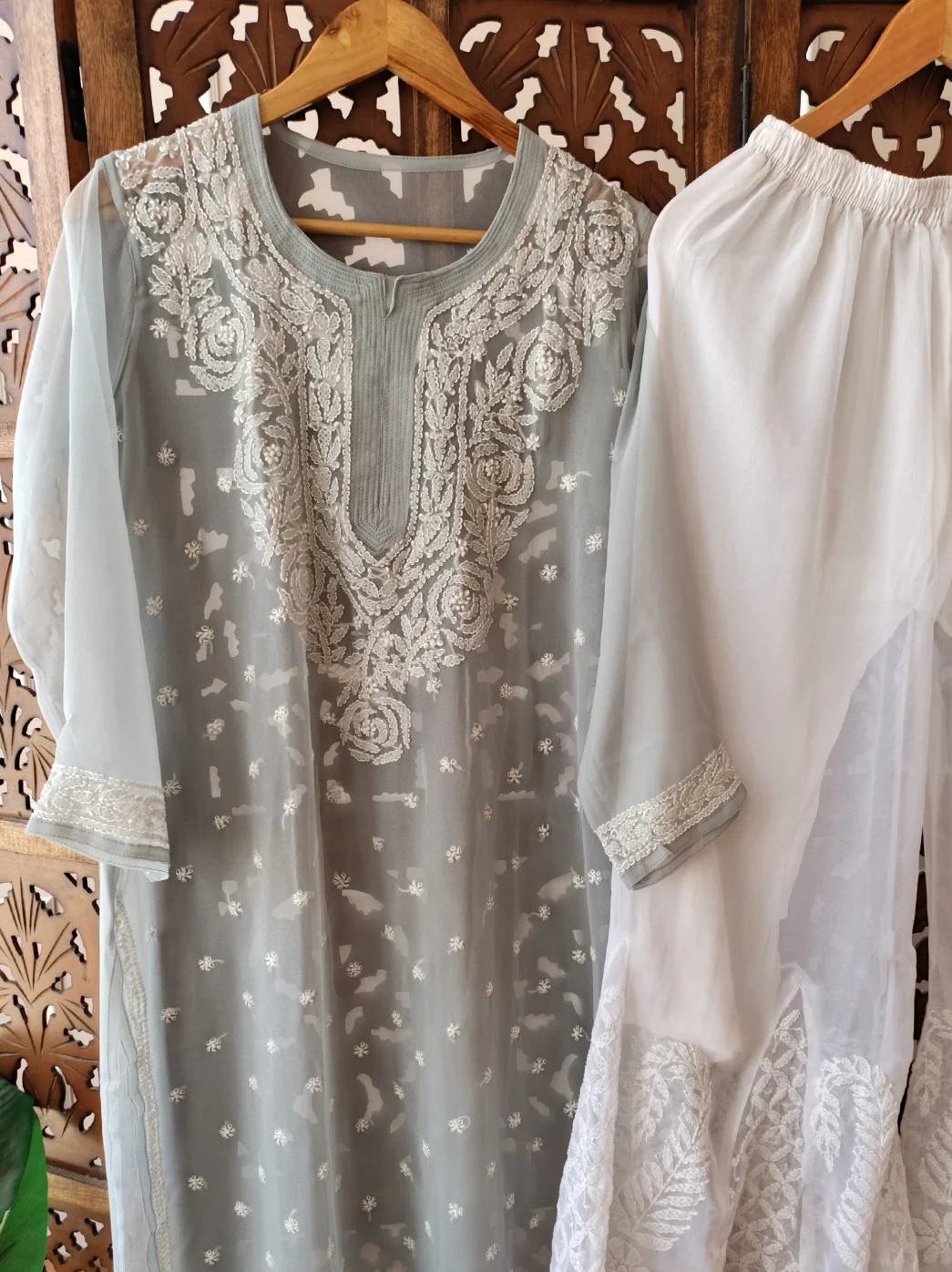 Grey Georgette Chikankari Kurti Sharara Set - Image 3