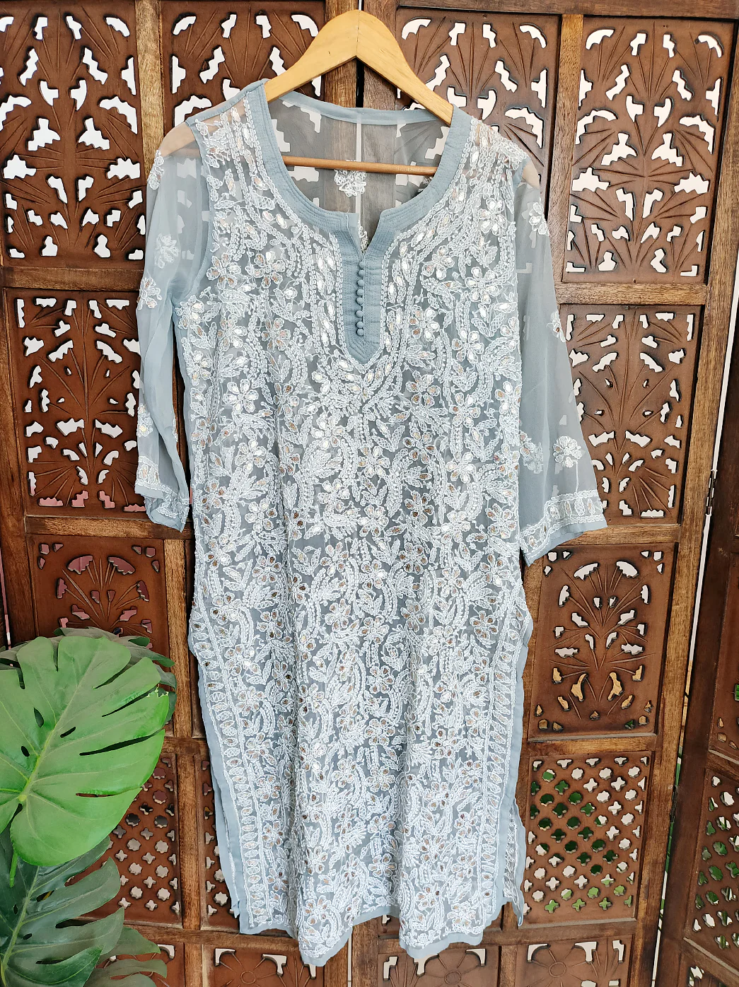 Grey Georgette Chikankari Straight Kurti - Image 2