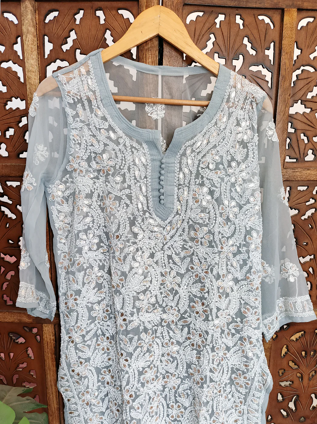 Grey Georgette Chikankari Straight Kurti - Image 3