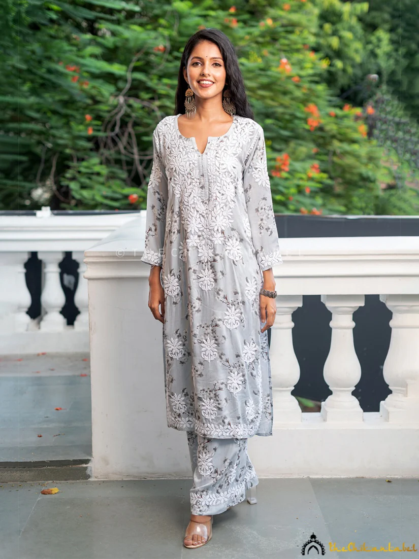 Harf Modal Chikankari Straight Kurta Set-Grey
