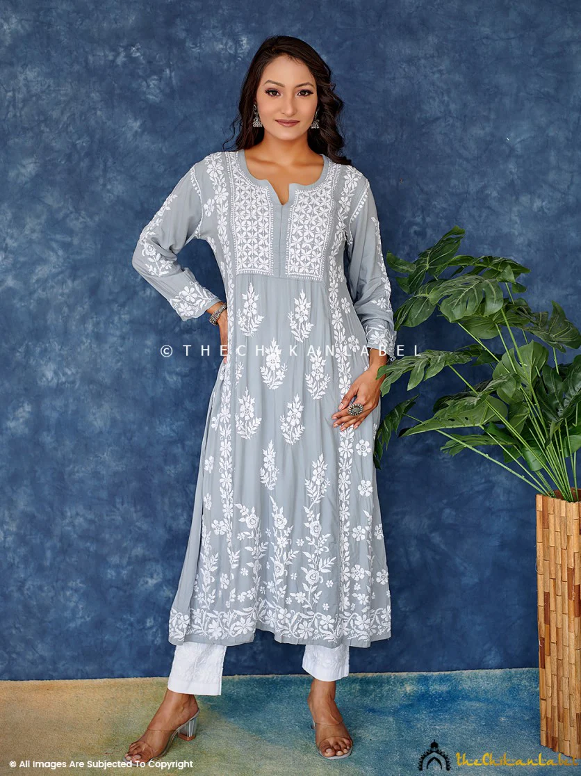 Grey Modal Chikankari Anarkali Kurta