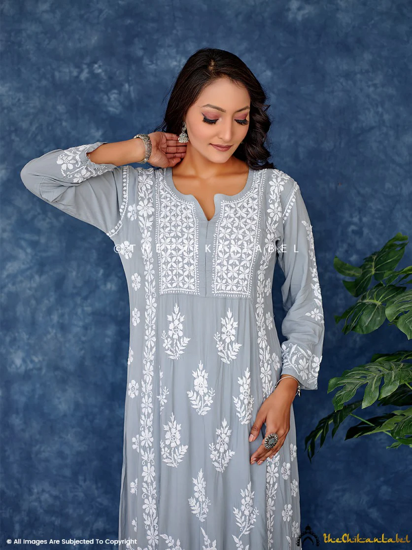 Grey Modal Chikankari Anarkali Kurta - Image 2