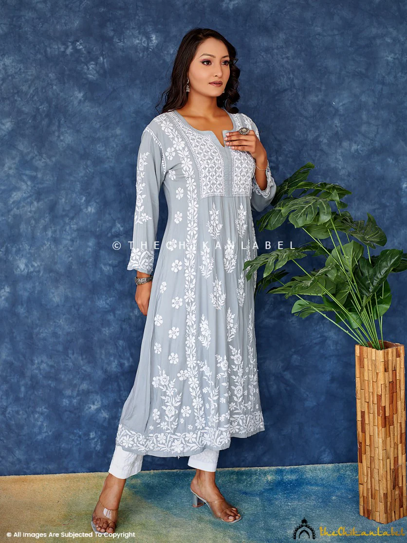 Grey Modal Chikankari Anarkali Kurta - Image 3