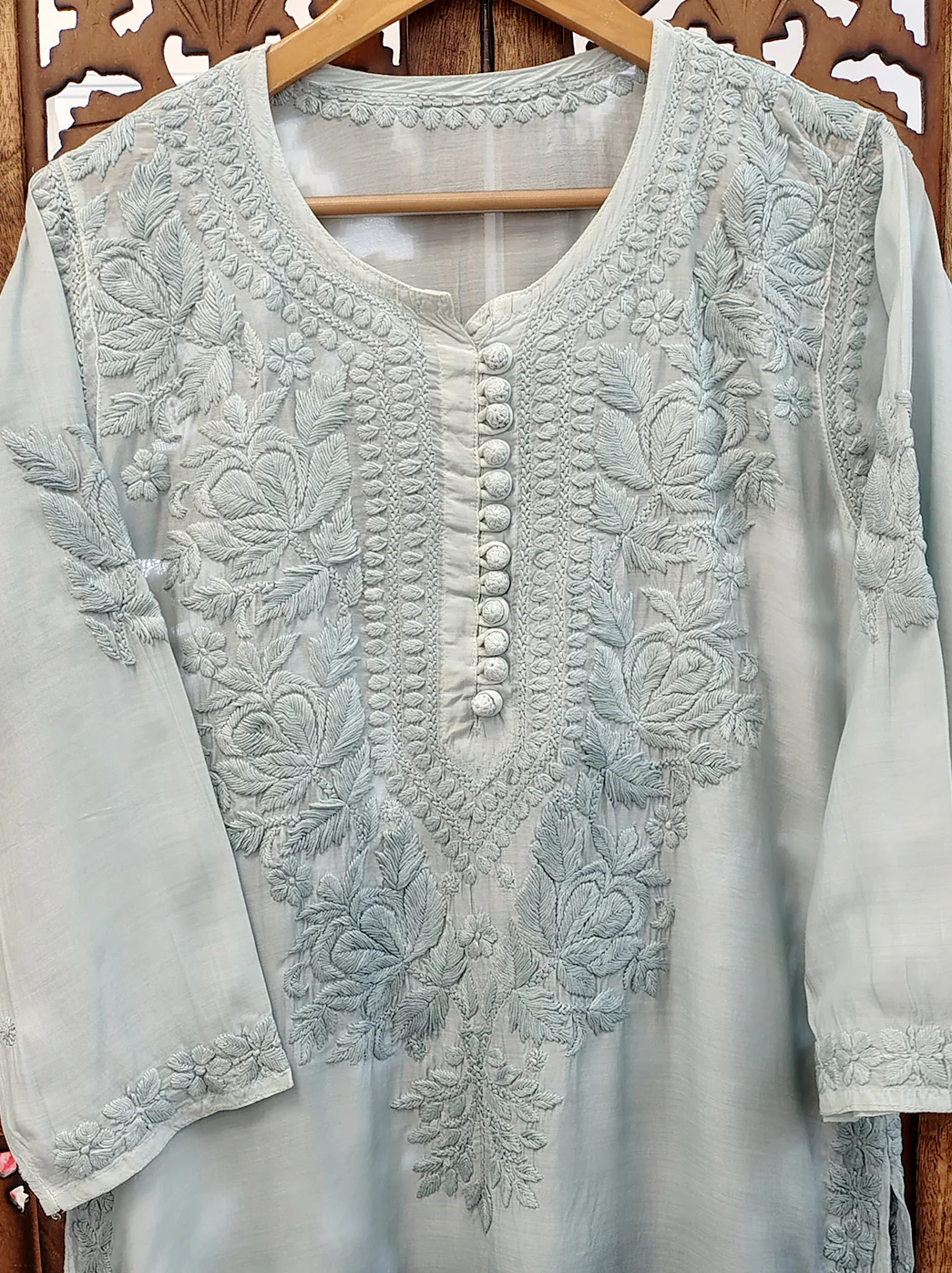 Grey Muslin Chikankari Straight Kurti - Image 3