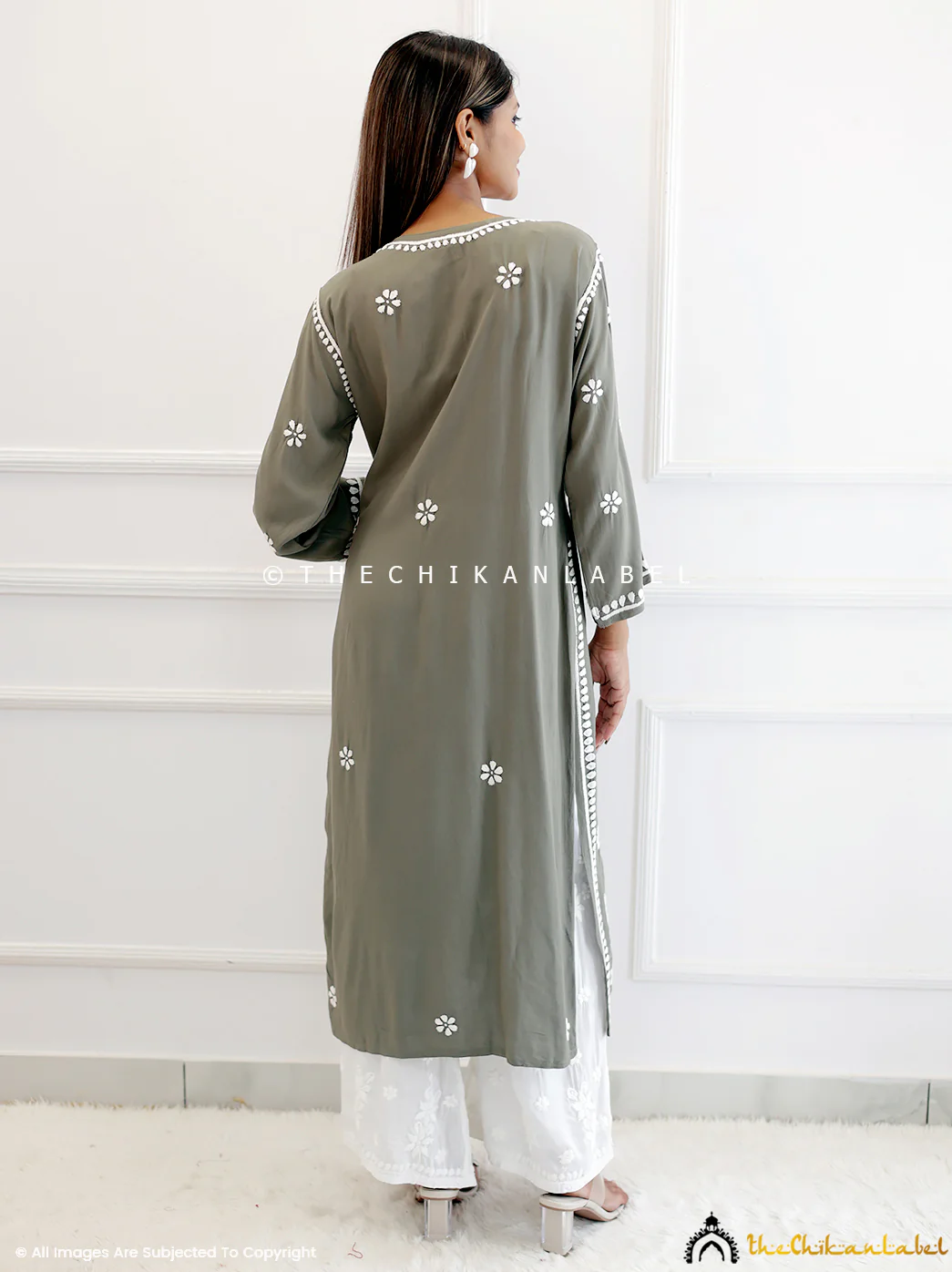 Grey Rayon Chikankari Straight Kurti - Image 3