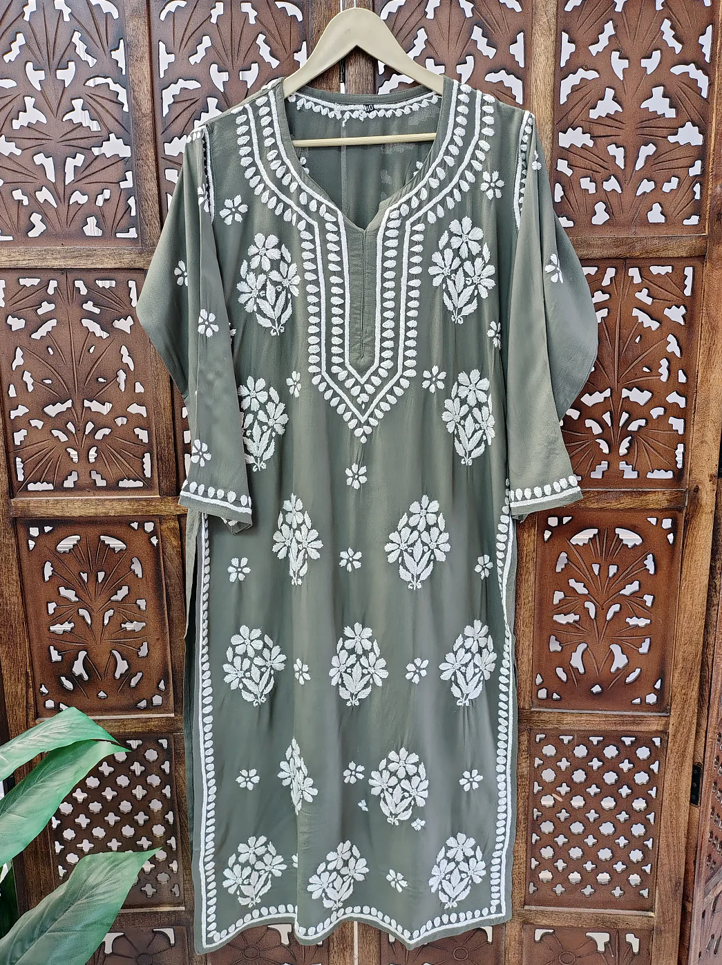 Grey Rayon Chikankari Straight Kurti - Image 4