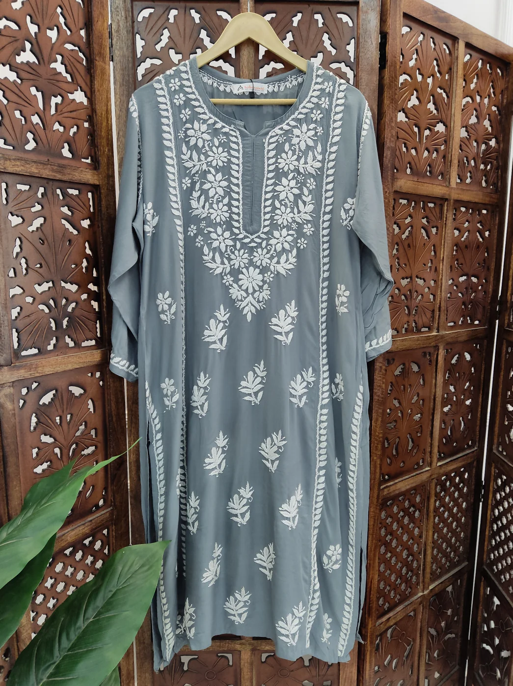 Grey Rayon Chikankari Straight Kurti - Image 2
