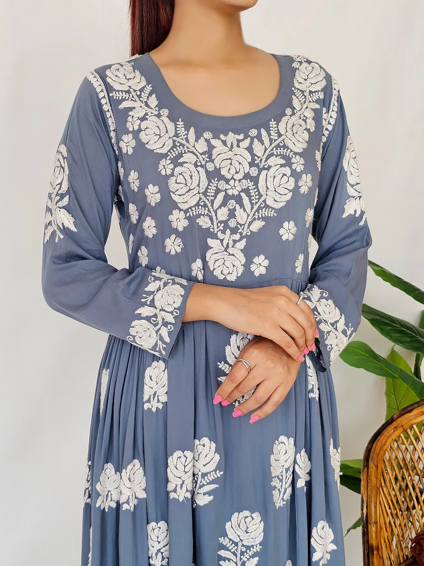 Grey Ria Modal Chikankari Anarkali Kurta - Image 2
