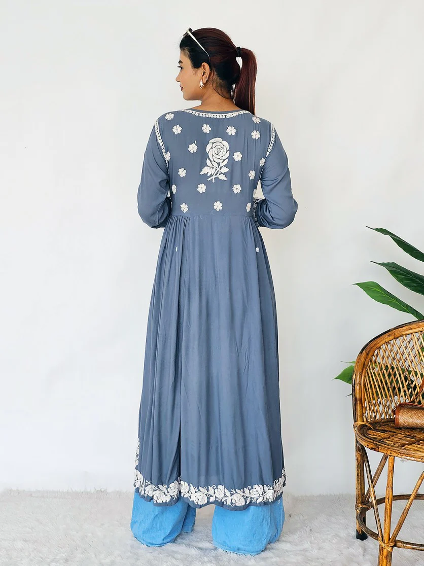 Grey Ria Modal Chikankari Anarkali Kurta - Image 3