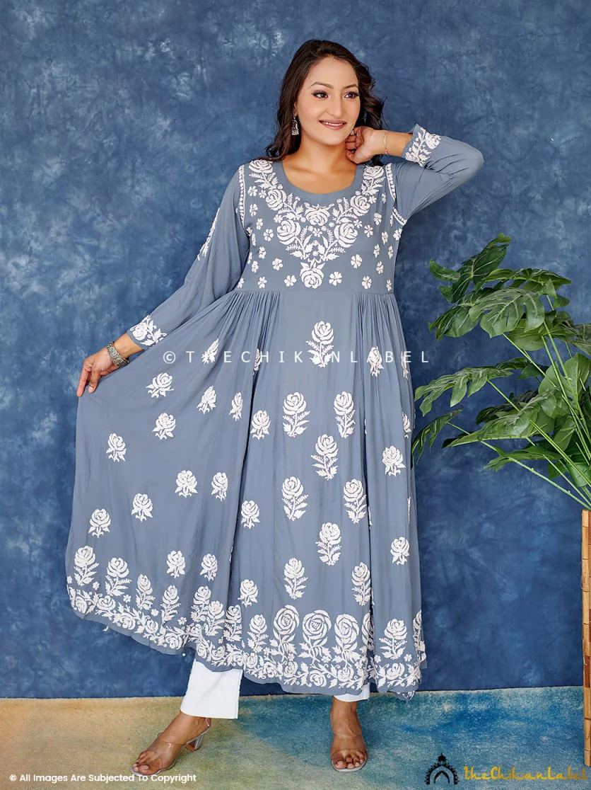 Grey Ria Modal Chikankari Anarkali Kurta - Image 4
