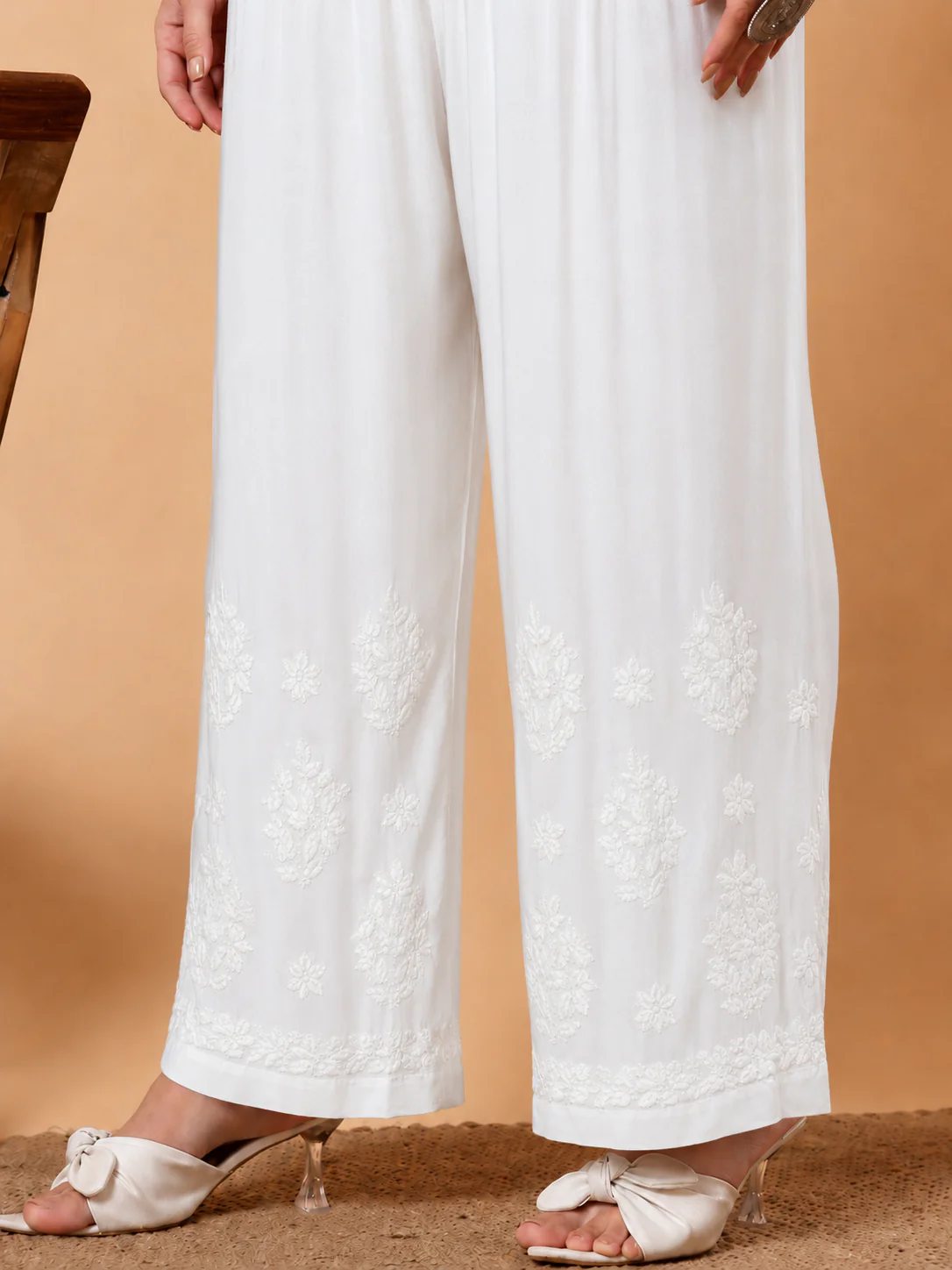Gulbahar Modal Chikankari Straight Palazzo - White - Image 2
