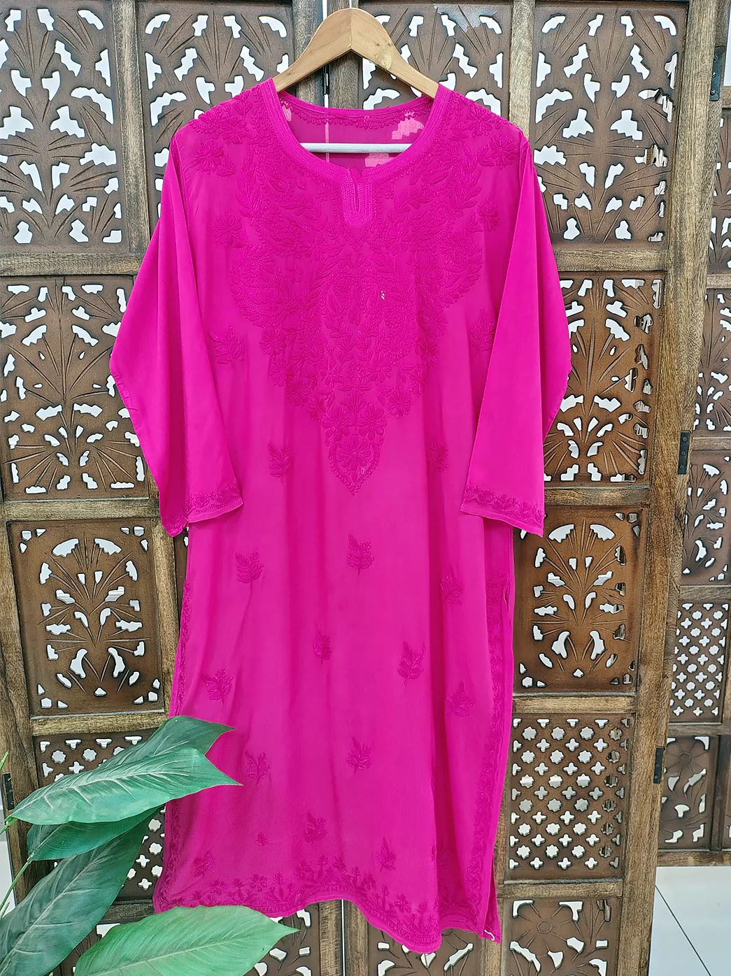 Hot Pink Modal Chikankari Straight Kurti - Image 2