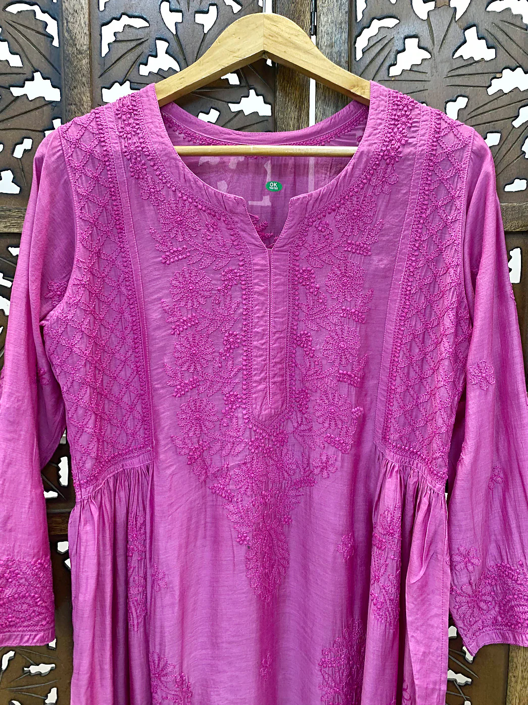 Hot Pink Muslin Chikankari A-Line Kurti - Image 2