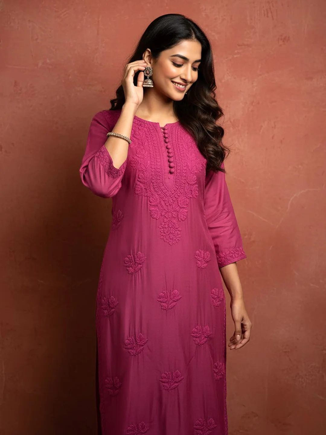 Hot Pink Muslin Chikankari Straight Kurti - Image 2