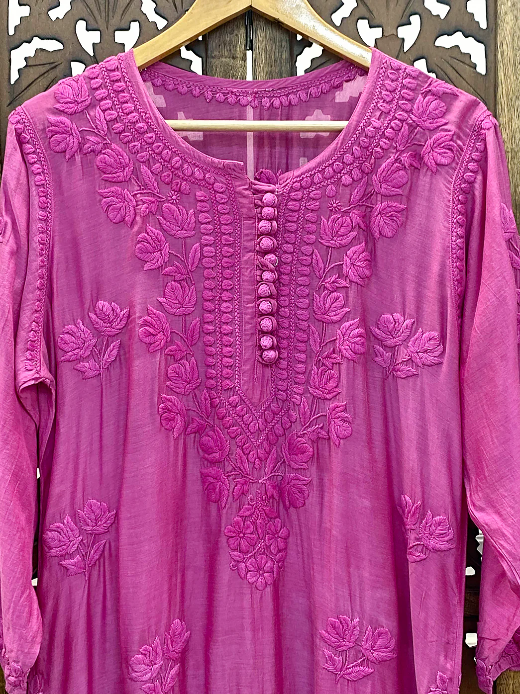 Hot Pink Muslin Chikankari Straight Kurti - Image 5