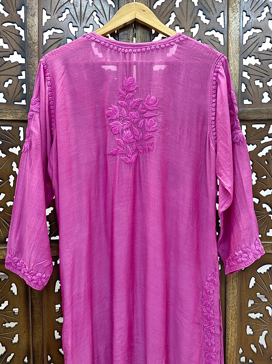 Hot Pink Muslin Chikankari Straight Kurti - Image 6