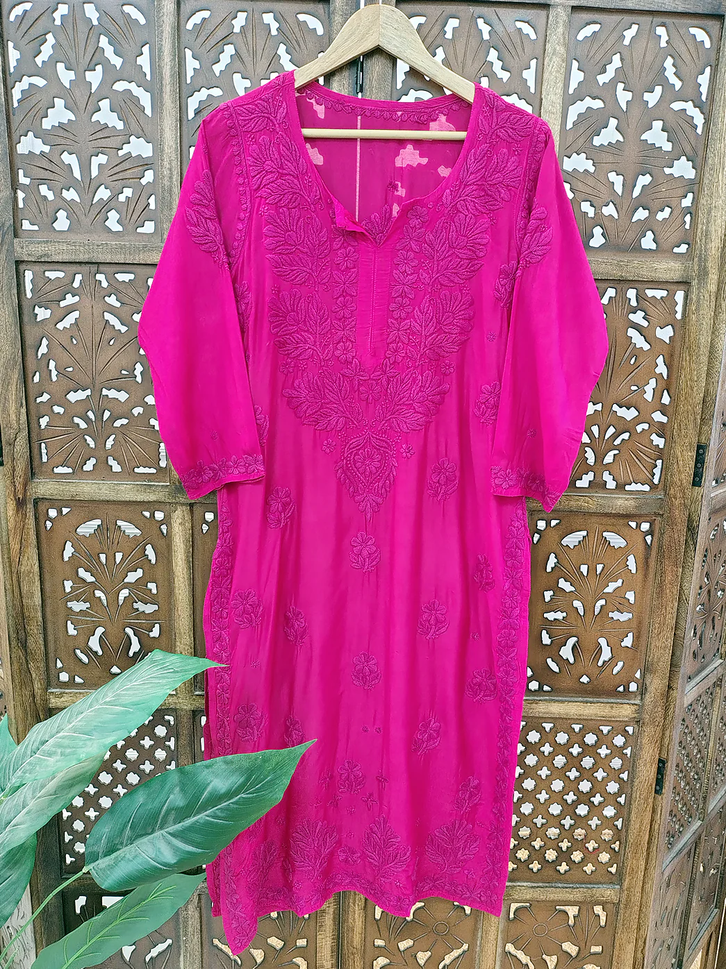 Hot Pink Muslin Chikankari Straight Kurti - Image 2
