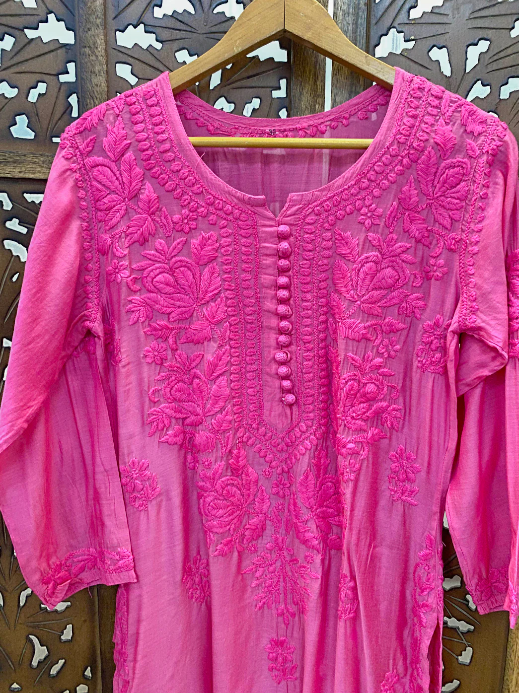 Hot Pink Muslin Chikankari Straight Kurti - Image 3