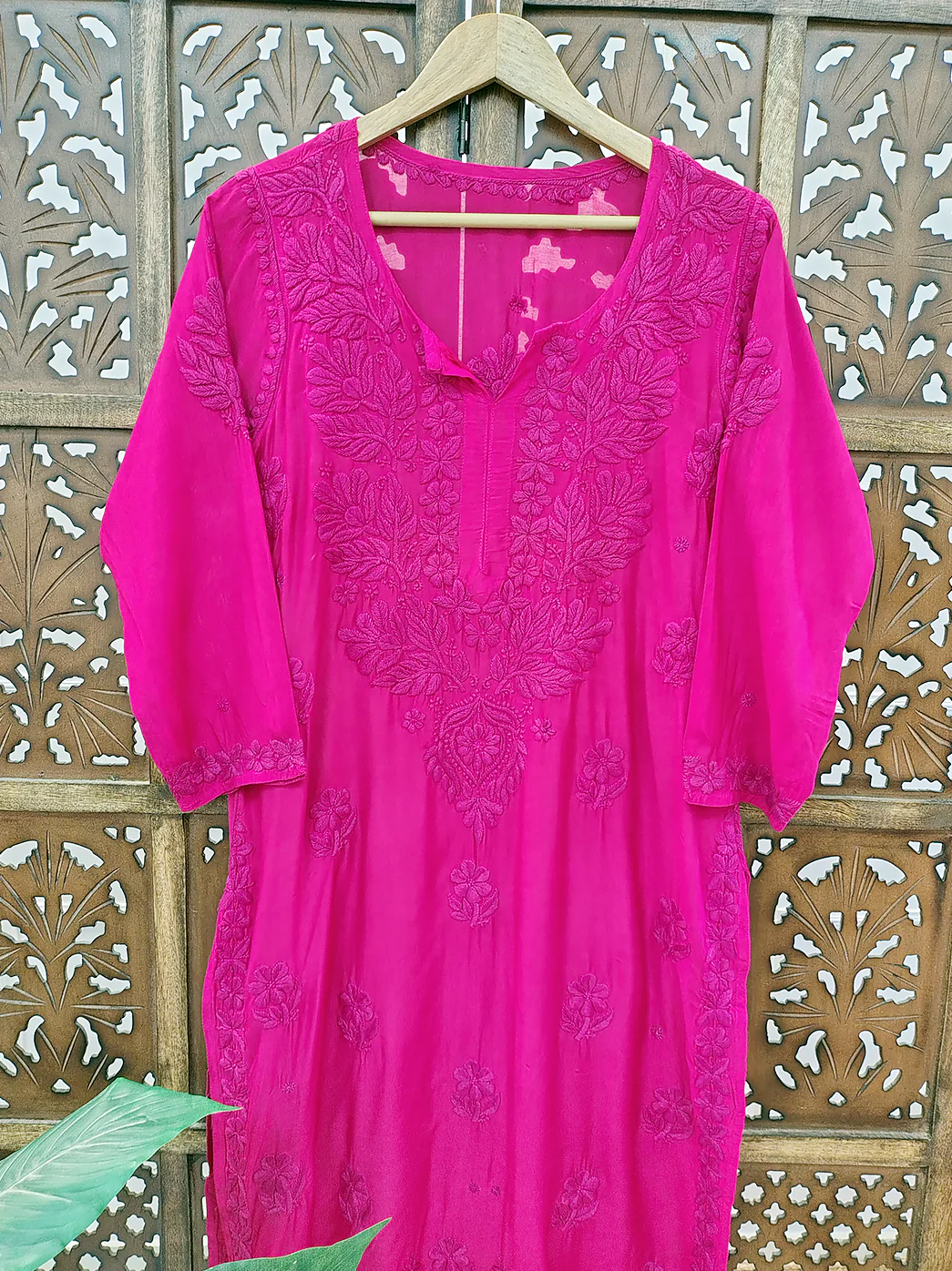 Hot Pink Muslin Chikankari Straight Kurti - Image 3