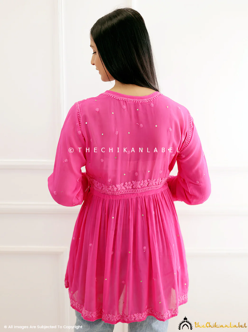 Hot Pink Viscose Chikankari Peplum Angrakha - Image 3