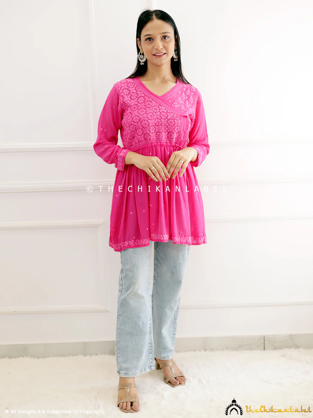 Hot Pink Viscose Chikankari Peplum Angrakha - Image 4