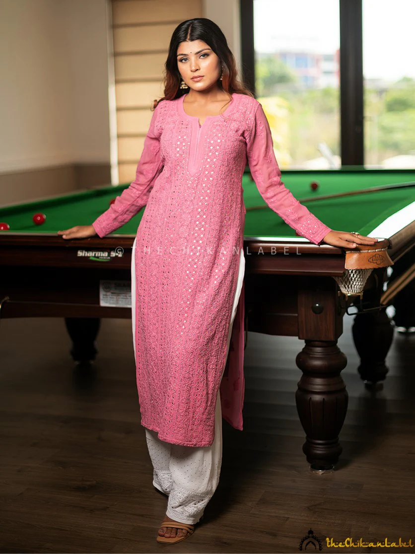 Suhani Viscose Chikankari Straight Kurti - Ice Cream Pink