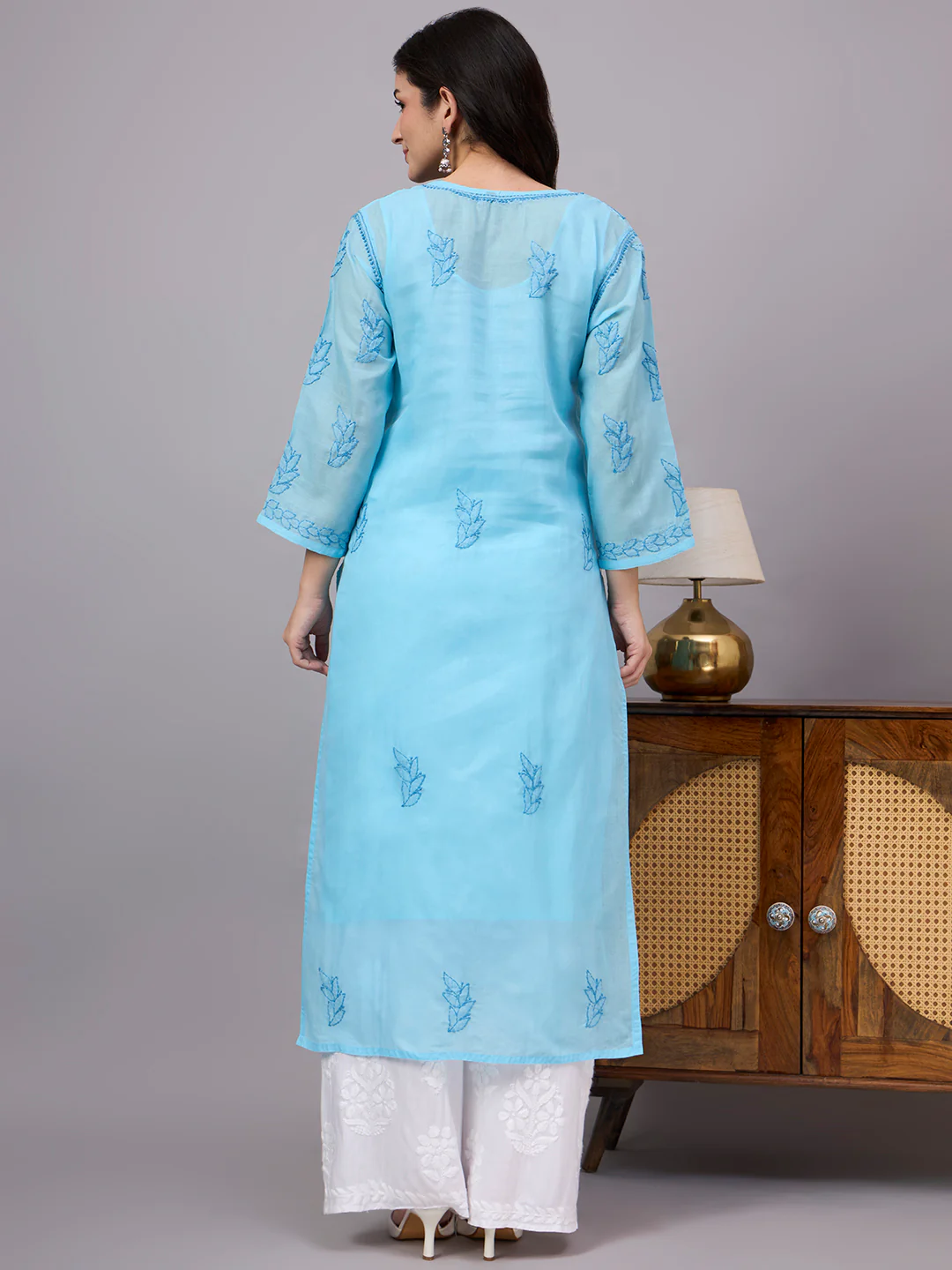 Imani Cotton Chikankari Straight Kurti with inner - Blue - Image 3