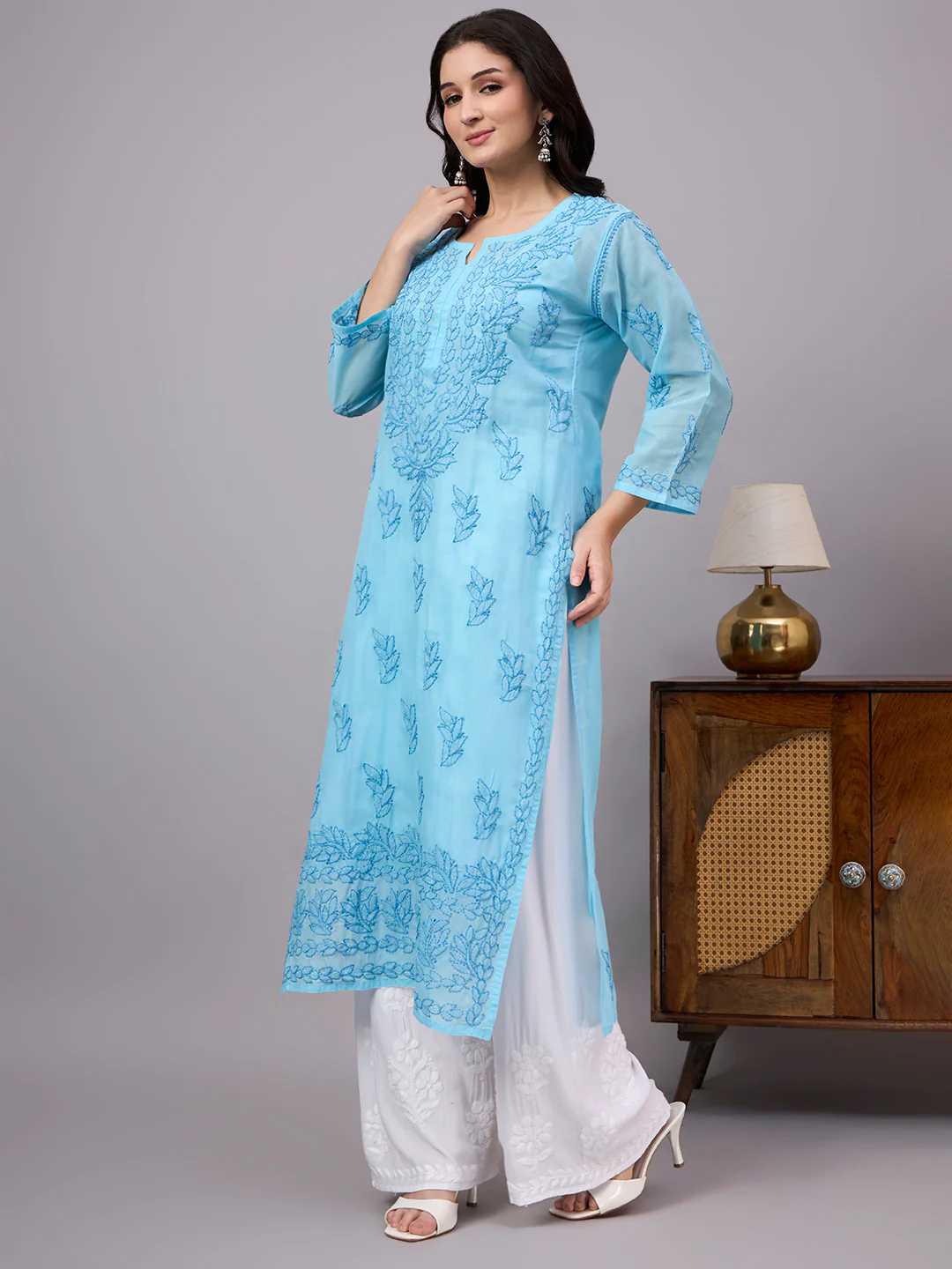 Imani Cotton Chikankari Straight Kurti with inner - Blue - Image 4