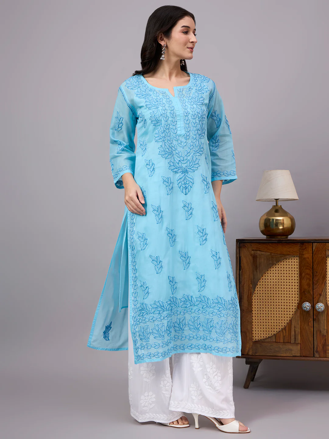 Imani Cotton Chikankari Straight Kurti with inner - Blue - Image 5