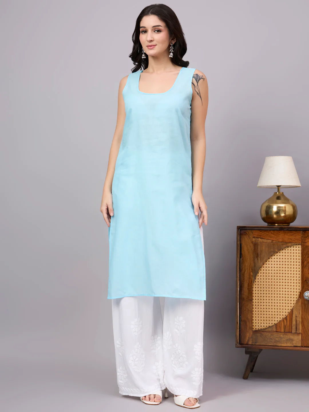 Imani Cotton Chikankari Straight Kurti with inner - Blue - Image 7