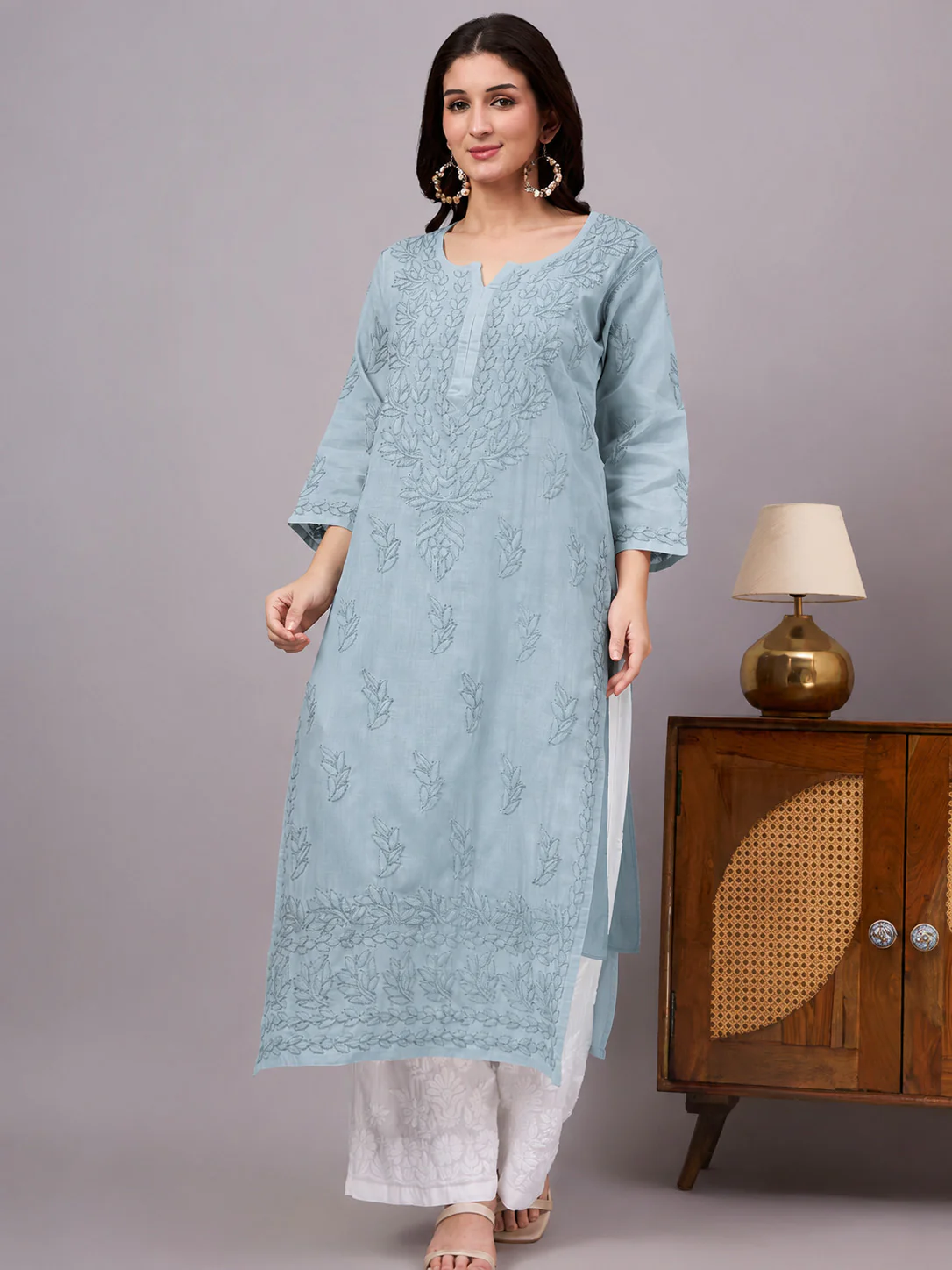 Imani Cotton Chikankari Straight Kurti with inner - Grey