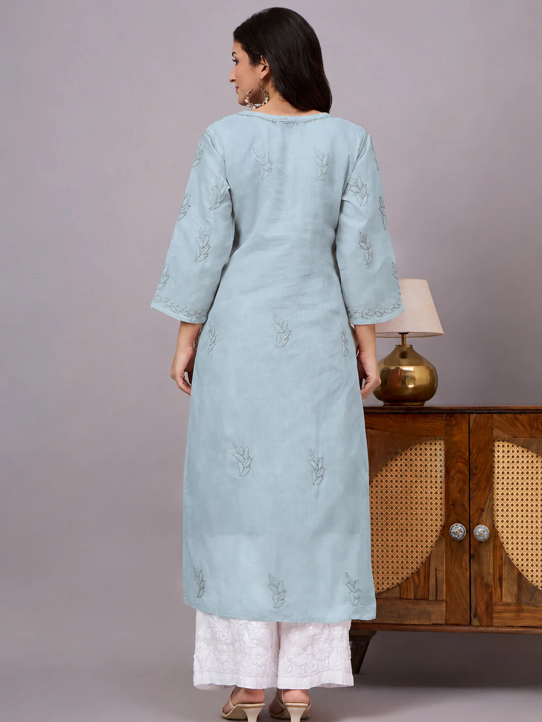 Imani Cotton Chikankari Straight Kurti with inner - Grey - Image 3