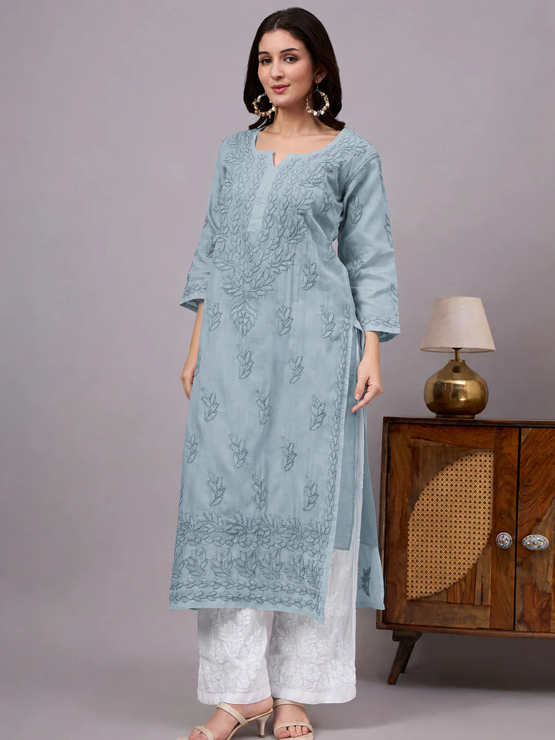 Imani Cotton Chikankari Straight Kurti with inner - Grey - Image 4