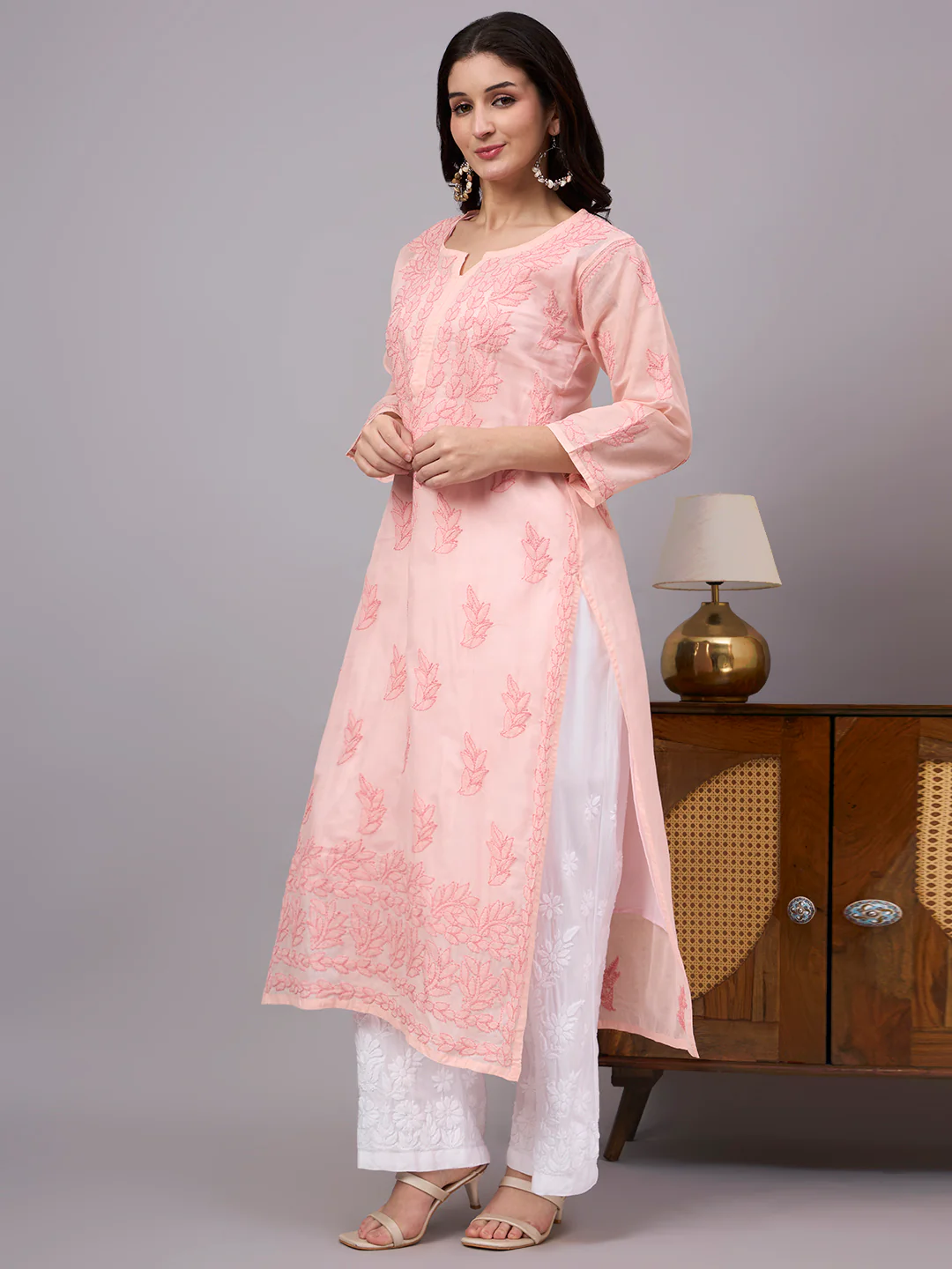 Imani Cotton Chikankari Straight Kurti with inner - Peach - Image 4