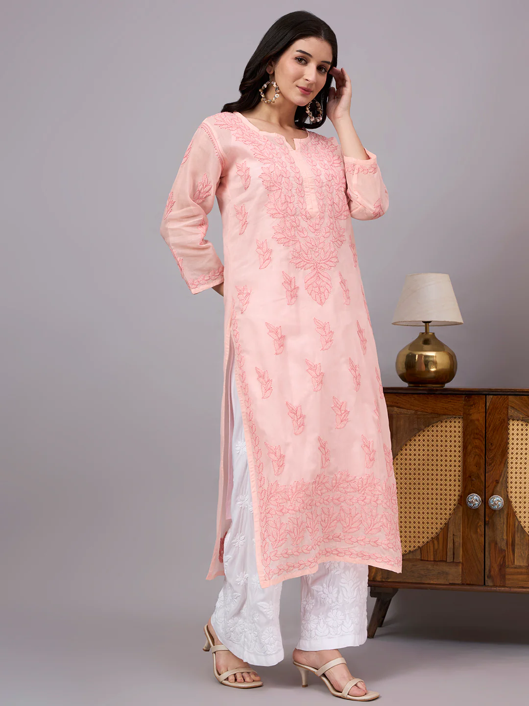 Imani Cotton Chikankari Straight Kurti with inner - Peach - Image 5
