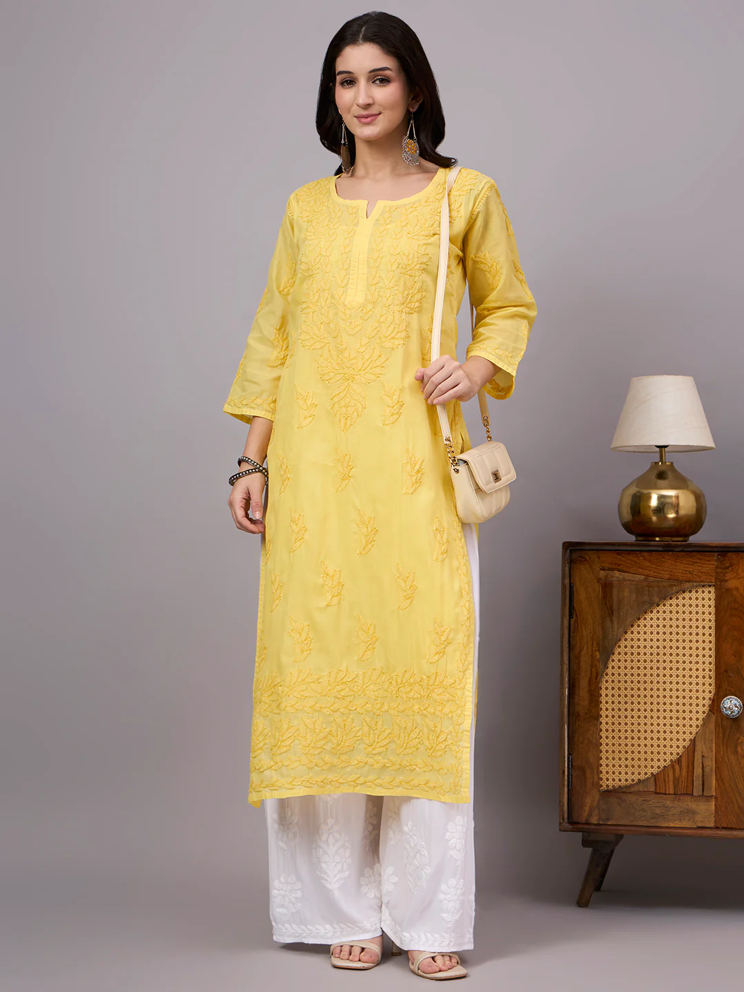Imani Cotton Chikankari Straight Kurti with inner - Yellow