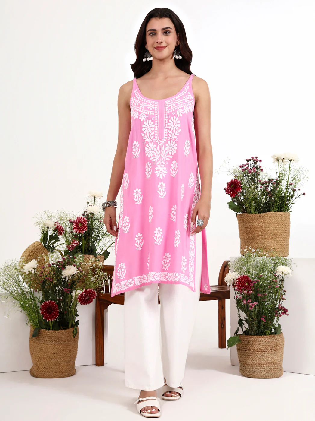 Kamya Rayon Chikankari Strappy Long Kurta - Baby Pink