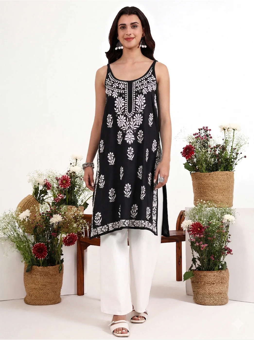 Kamya Rayon Chikankari Strappy Long Kurta - Black