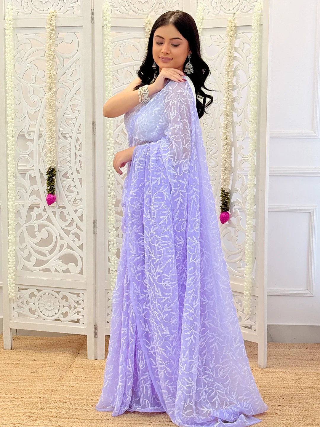Kasmira Georgette Chikankari Tepchi Saree - Lavender