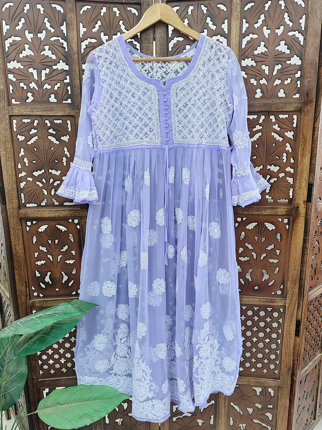 Lavender Georgette A-Line Kurti Lucknow Chikankari Kurta - Image 2