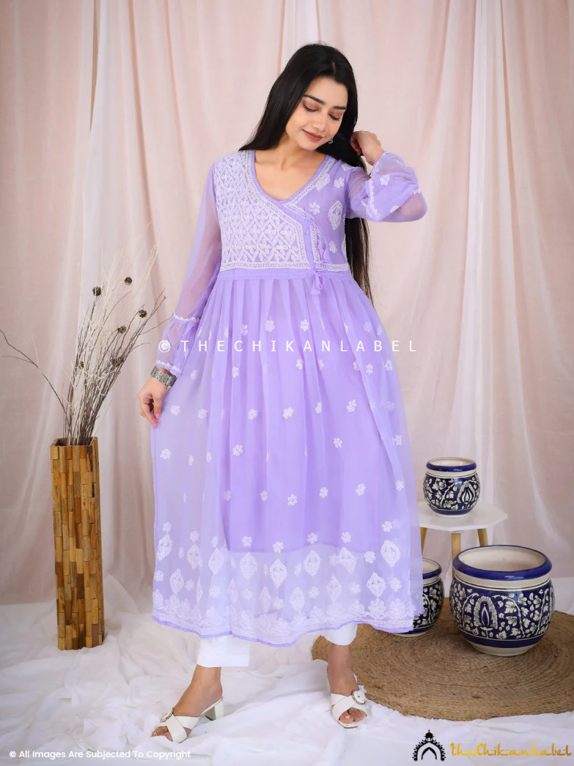 Lavender Georgette Chikankari A-Line Kurti