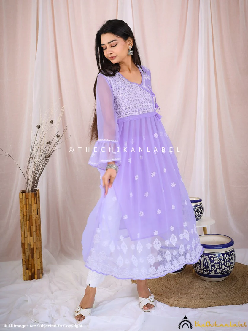 Lavender Georgette Chikankari A-Line Kurti - Image 3