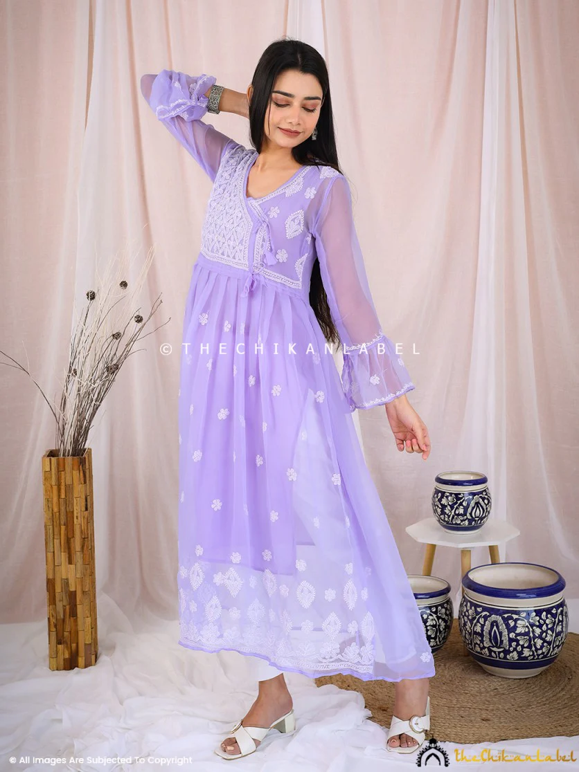 Lavender Georgette Chikankari A-Line Kurti - Image 4