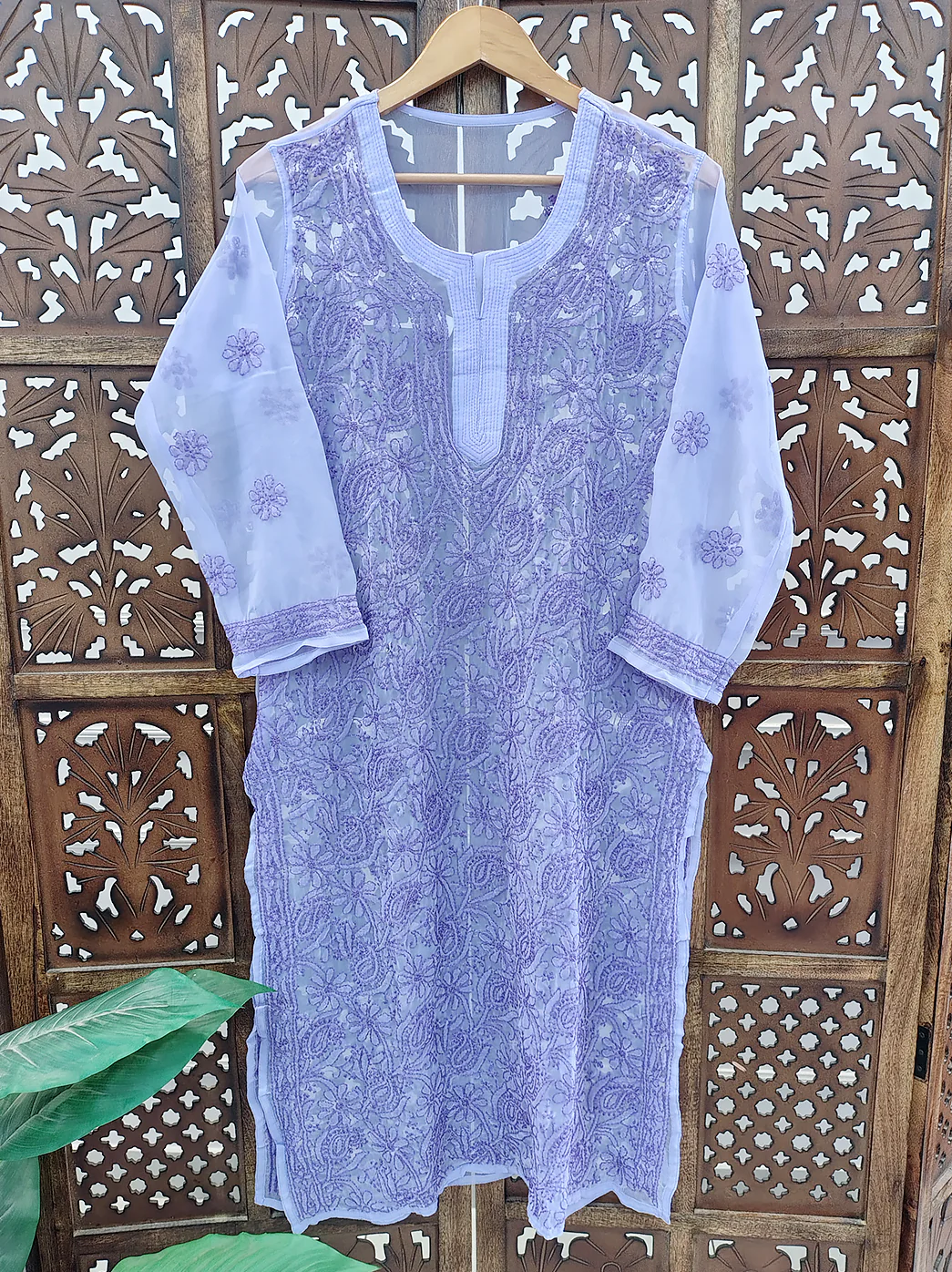 Lavender Georgette Chikankari Straight Kurti - Image 2